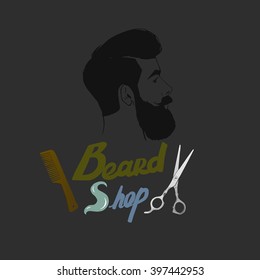Vector hipster Barber shop logo, icon. Beard, scissors, comb.