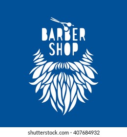 Vector hipster barber shop logo, badge. Beard, scissors. Dark blue color.