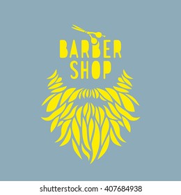 Vector hipster barber shop logo, badge. Beard, scissors. Yellow and grey color.