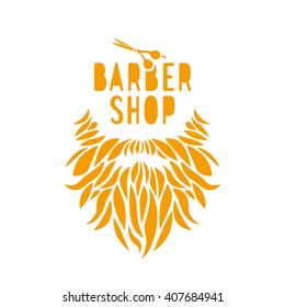 Vector hipster barber shop logo, badge. Beard, scissors. Orange color.