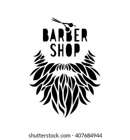 Vector hipster barber shop logo, badge. Beard, scissors. Black color.