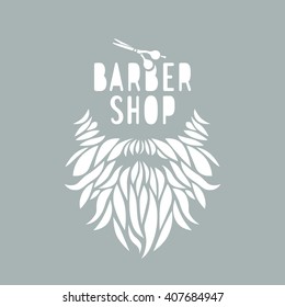 Vector hipster barber shop logo, badge. Beard, scissors. Grey color.