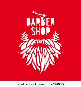 Vector hipster barber shop logo, badge. Beard, scissors. Red color.