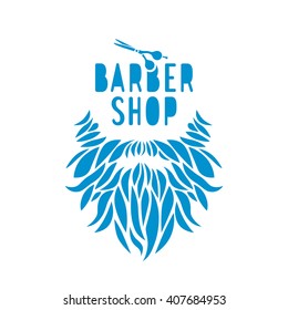 Vector hipster barber shop logo, badge. Beard, scissors. Blue color.