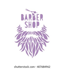Vector hipster barber shop logo, badge. Beard, scissors. Purple color.