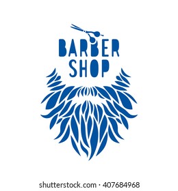 Vector hipster barber shop logo, badge. Beard, scissors. Blue color.