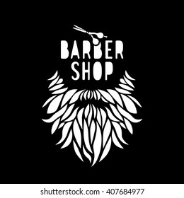 Vector hipster barber shop logo, badge. Beard, scissors. Black color.