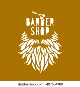 Vector hipster barber shop logo, badge. Beard, scissors. Brown color.