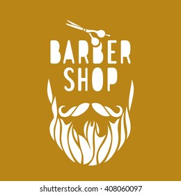 Vector hipster barber shop logo, badge. Beard, scissors. Brown color background.