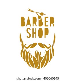Vector hipster barber shop logo, badge. Beard, scissors. Brown color.