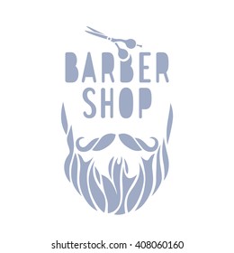 Vector hipster barber shop logo, badge. Beard, scissors. Grey color.