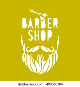 Vector hipster barber shop logo, badge. Beard, scissors. Color illustration.