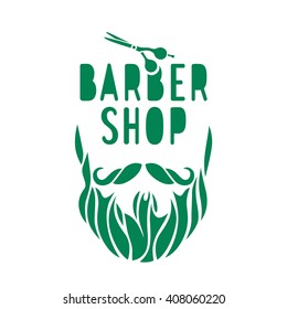 Vector hipster barber shop logo, badge. Beard, scissors. Green color.