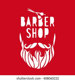 Vector hipster barber shop logo, badge. Beard, scissors. Red color background.