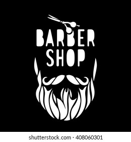 Vector hipster barber shop logo, badge. Beard, scissors. Black color.