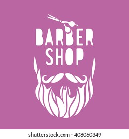 Vector hipster barber shop logo, badge. Beard, scissors. Pink color.