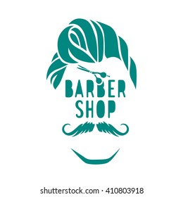 Vector hipster barber shop logo, badge. Mustache, Hairstyle, scissors. 