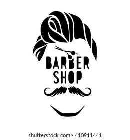 Vector hipster barber shop logo, badge. Mustache, Hairstyle, scissors. 