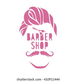 Vector hipster barber shop logo, badge. Mustache, Hairstyle, scissors. 