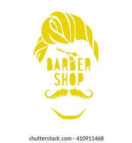 Vector hipster barber shop logo, badge. Mustache, Hairstyle, scissors. 