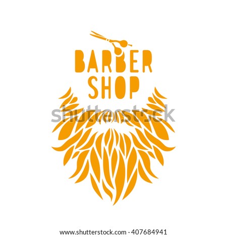 Vector hipster barber shop logo, badge. Beard, scissors. Orange color.