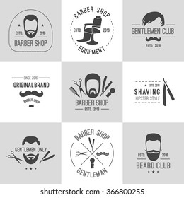 Vector hipster barber shop logos, badges. Beards, scissors, mustache, razor, comb, chair, brush.