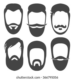 Vector hipster beard, mustache, hair style silhouettes. Flat beard icons.