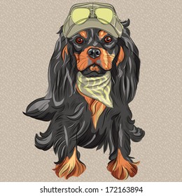 Vector Hipster black dog Cavalier King Charles Spaniel breed in cap and cravat khakis and glasses