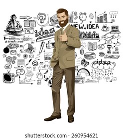 Vector hipster business man with beard shows well done 