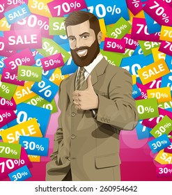 Vector hipster business man with beard shows well done on sale