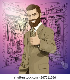 Vector hipster business man with beard shows well done on shopping
