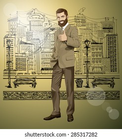 Vektorhipster-Geschäftsmann mit Bart zeigt gut gemacht auf der Skizze Straße