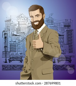 Vector hipster business man with beard shows well done on the sketch street