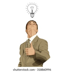 Vector hipster business man shows well done, looking up, looking for idea, 