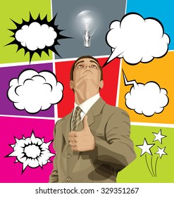 Vector hipster business man shows well done, looking up, set of comics style speech and thought bubbles
