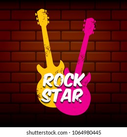 vector hipster cartoon retro label rock star. Rock n roll music poster or print design template