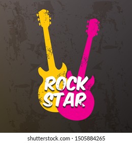 vector hipster cartoon retro label rock star on grunge grey wall background. Rock n roll music poster or print design template