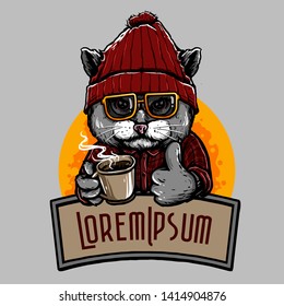 vector of hipster cat with a cup of black coffee