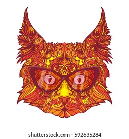 Vector hipster cat with fashion glasses. Red and yellow shades. Isolated on white background.