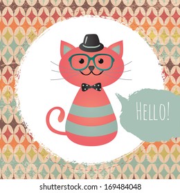 Vector Hipster Cat greeting card design illustration  with Textured Grunge Geometric Background