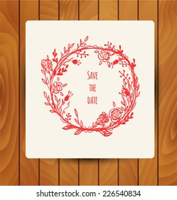 vector hipster chalk doodle sketch of wreath with flowers. save the date. colorful backdrop.