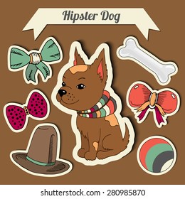 Vector hipster chihuahua dog with a set of toys: ball, bows, bone , hat. Hand drawn colorful stickers. EPS 10.
