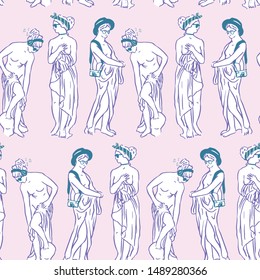 Vector hipster classical sculpture seamless pattern. Goddess with glasses, hats and camera. Trendy hand drawn design.