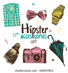 Vector hipster colorful set 1. Hipster colorful accessories in retro style on white background
