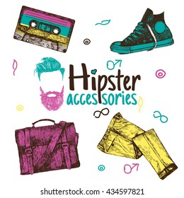 Vector hipster colorful set 2. Hipster colorful accessories in retro style on white background