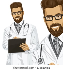 Vector hipster doctor man writing something with marker on clipboard
