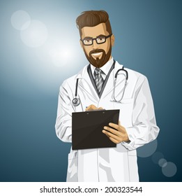 Vector hipster doctor man writing something with marker on clipboard