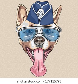 Vector hipster dog American Akita breed  laughs with his tongue hanging out in garrison cap and blue glasses