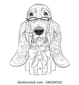 Vector hipster dog Basset Hound breed in a glasses and bow tie