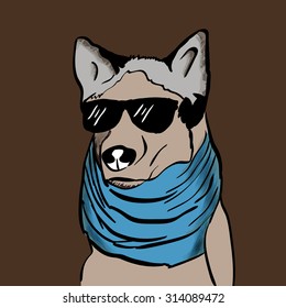 Vector hipster dog with blue scarf